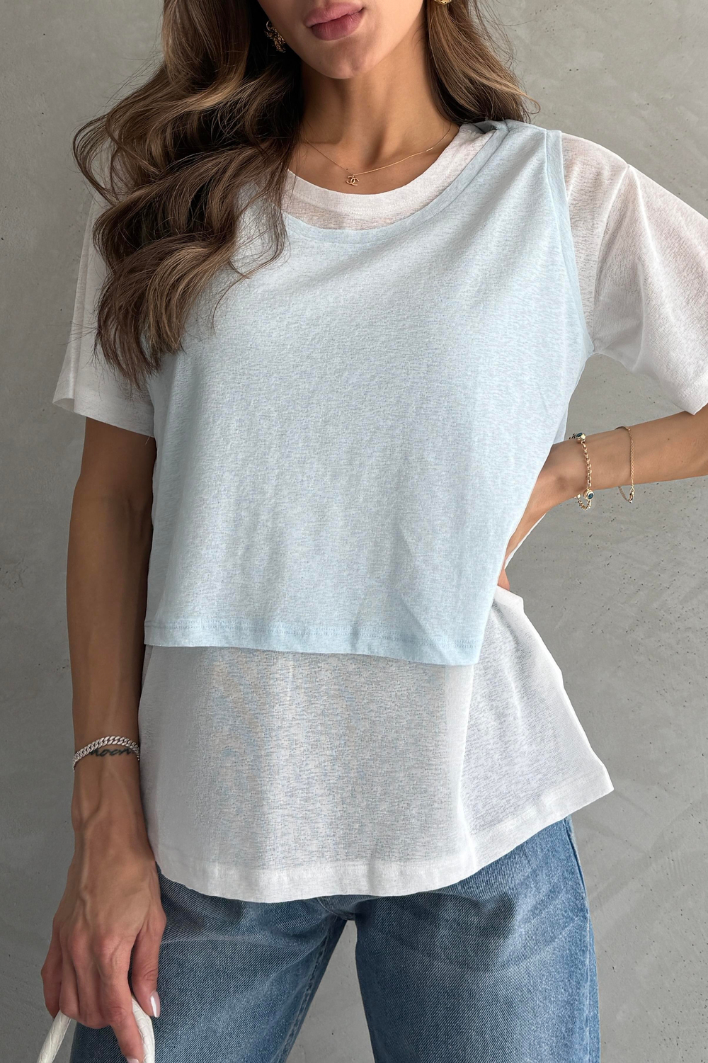 Kontrast İkili Görünümlü Bol Kesim Mavi T-shirt