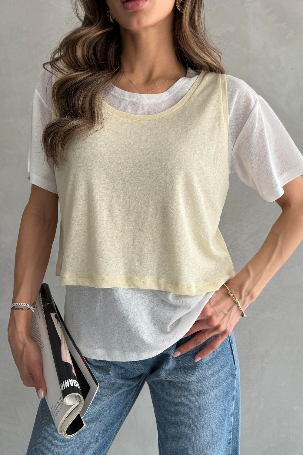Kontrast İkili Görünümlü Bol Kesim Sarı T-shirt