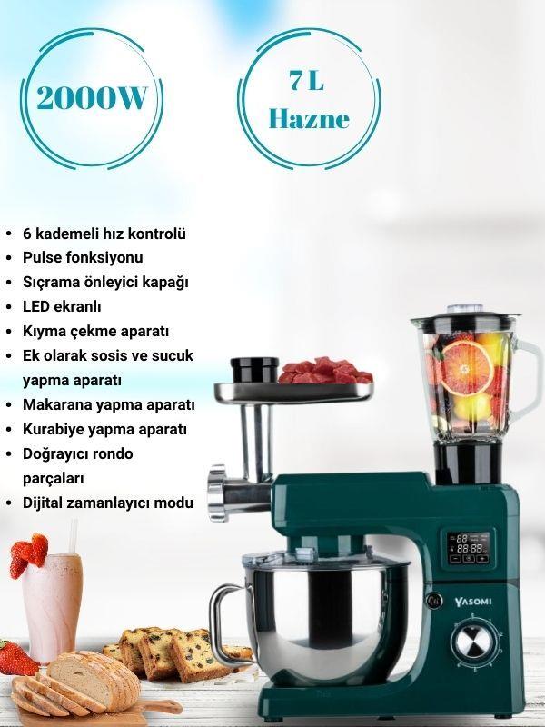 Yasomi Sm 1511bml Led Ekranlı Kıyma Çekme Aparatlı Blender Stand Mikser Mutfak Şefi (Yeşil)