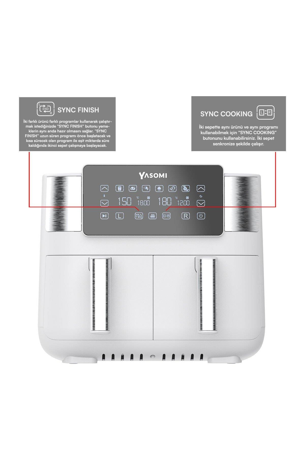 Yasomi Y80 Beyaz 8 Litre 2850w Çift Hazneli Ve Çift Motorlu Dokunmatik Airfryer Fritöz