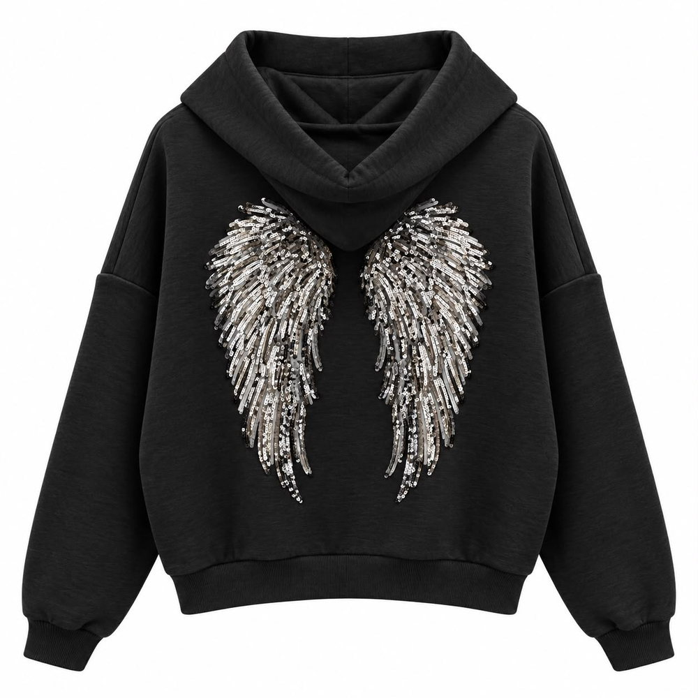 Angel Siyah Arkası Pul Baskılı Sweat