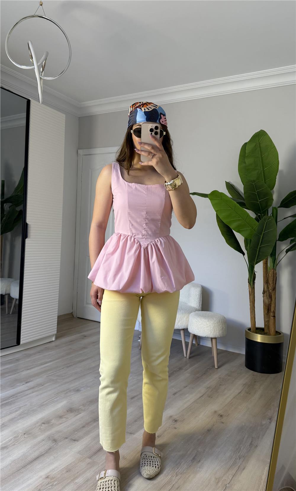Askılı poplin balon bluz-PEMBE