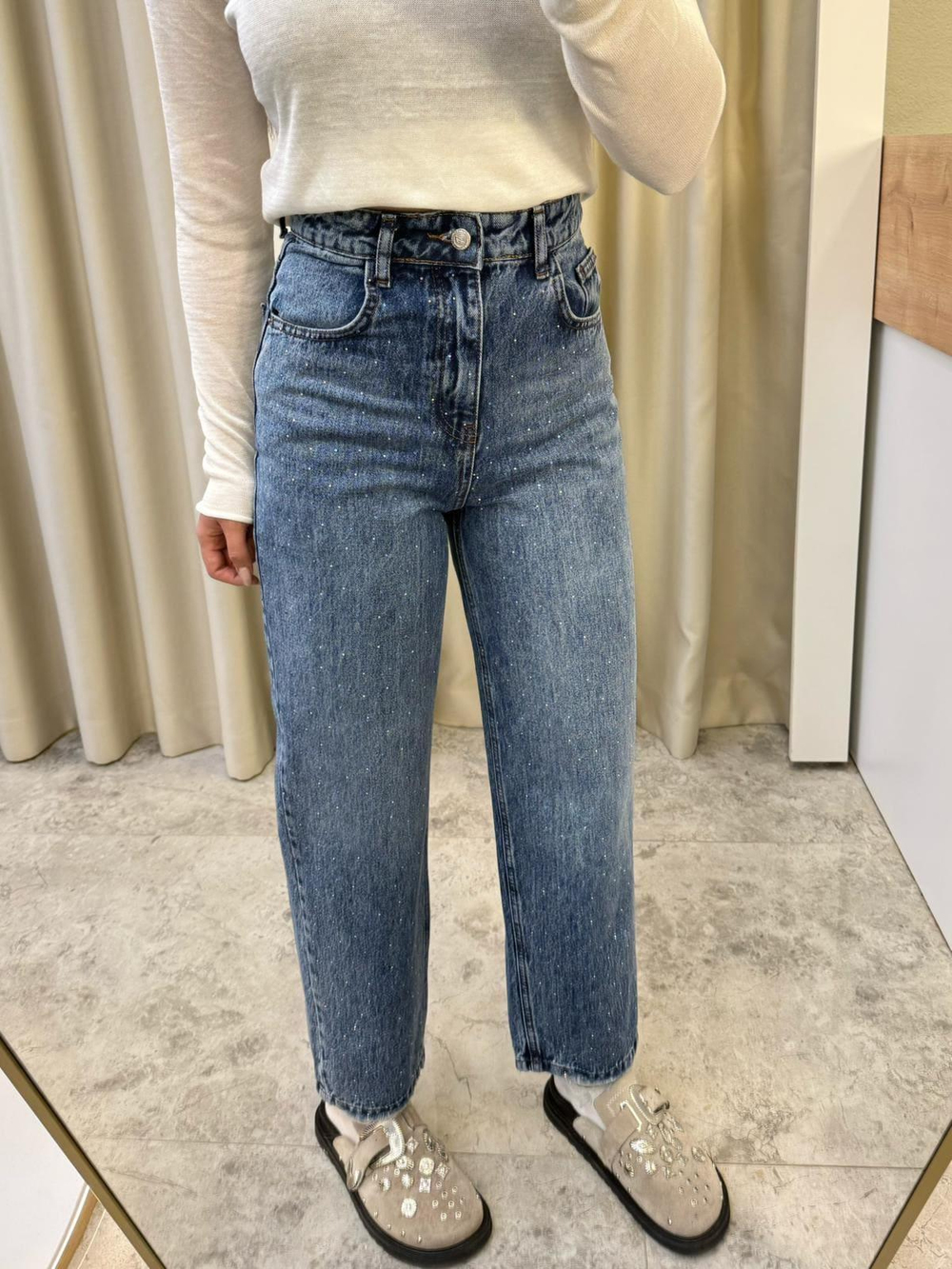 Asley Renkli Taşlı Mom Jean