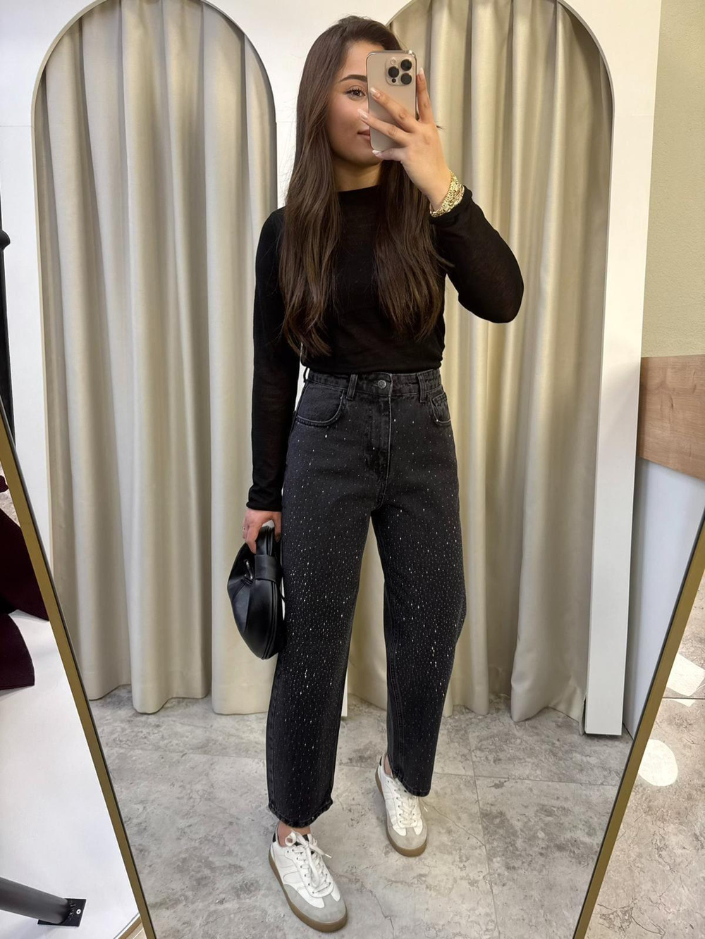 Asley Taşlı Mom Jean Siyah