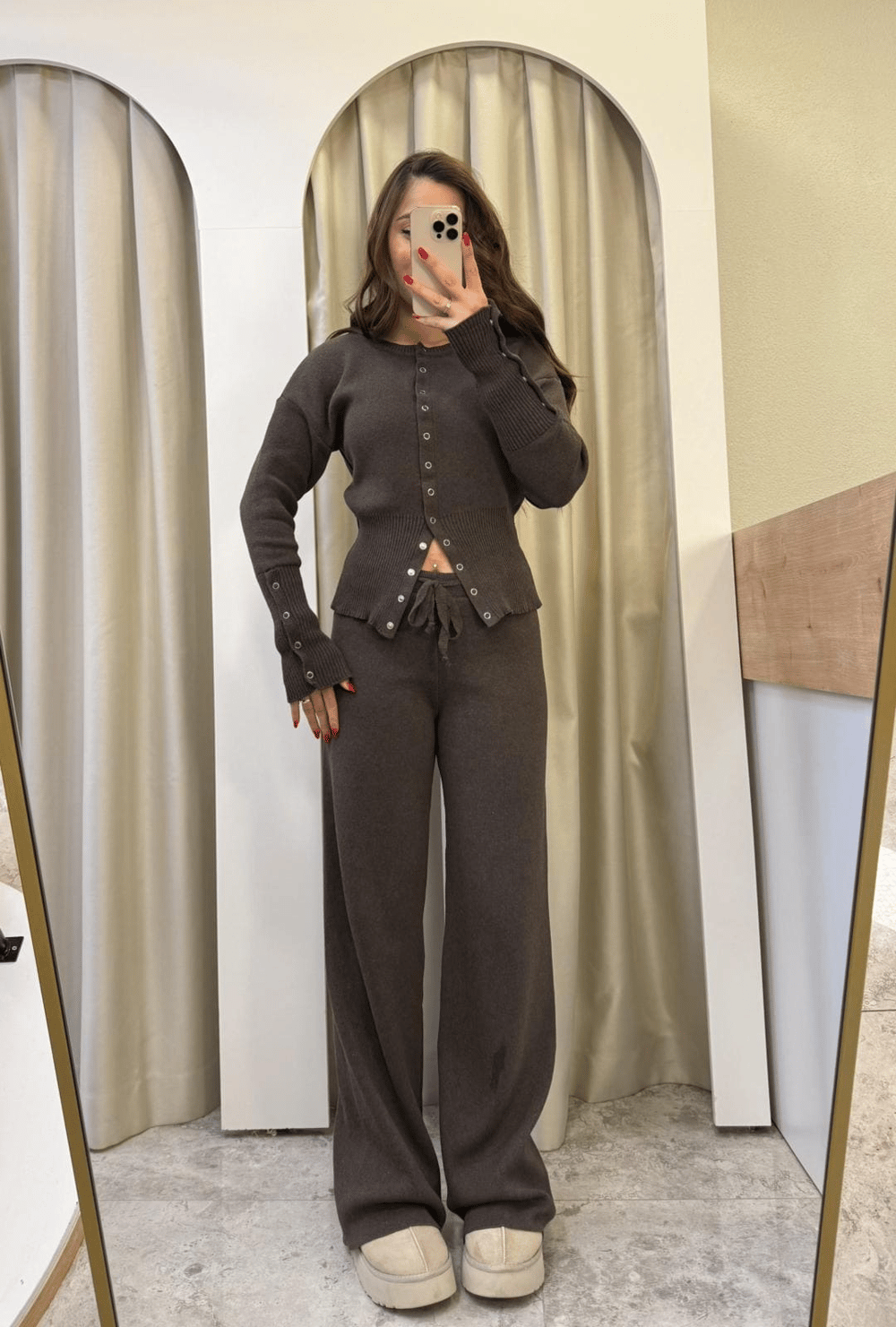 Bella Çıtçıtlı Triko Takım Kahve