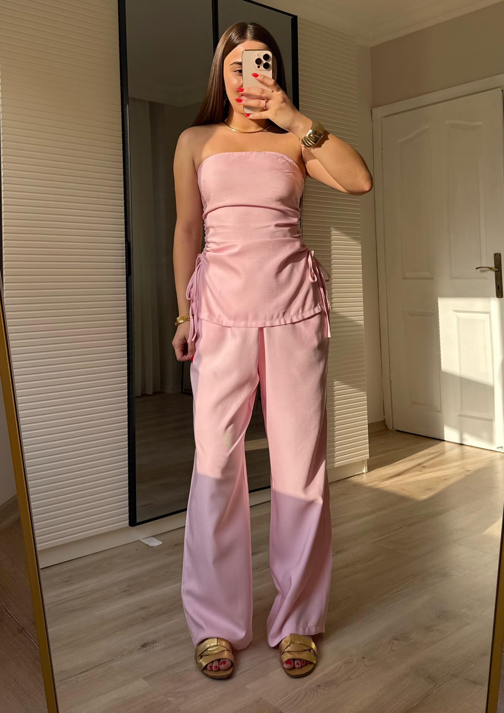 Büzgülü Straplez Takım-Pembe
