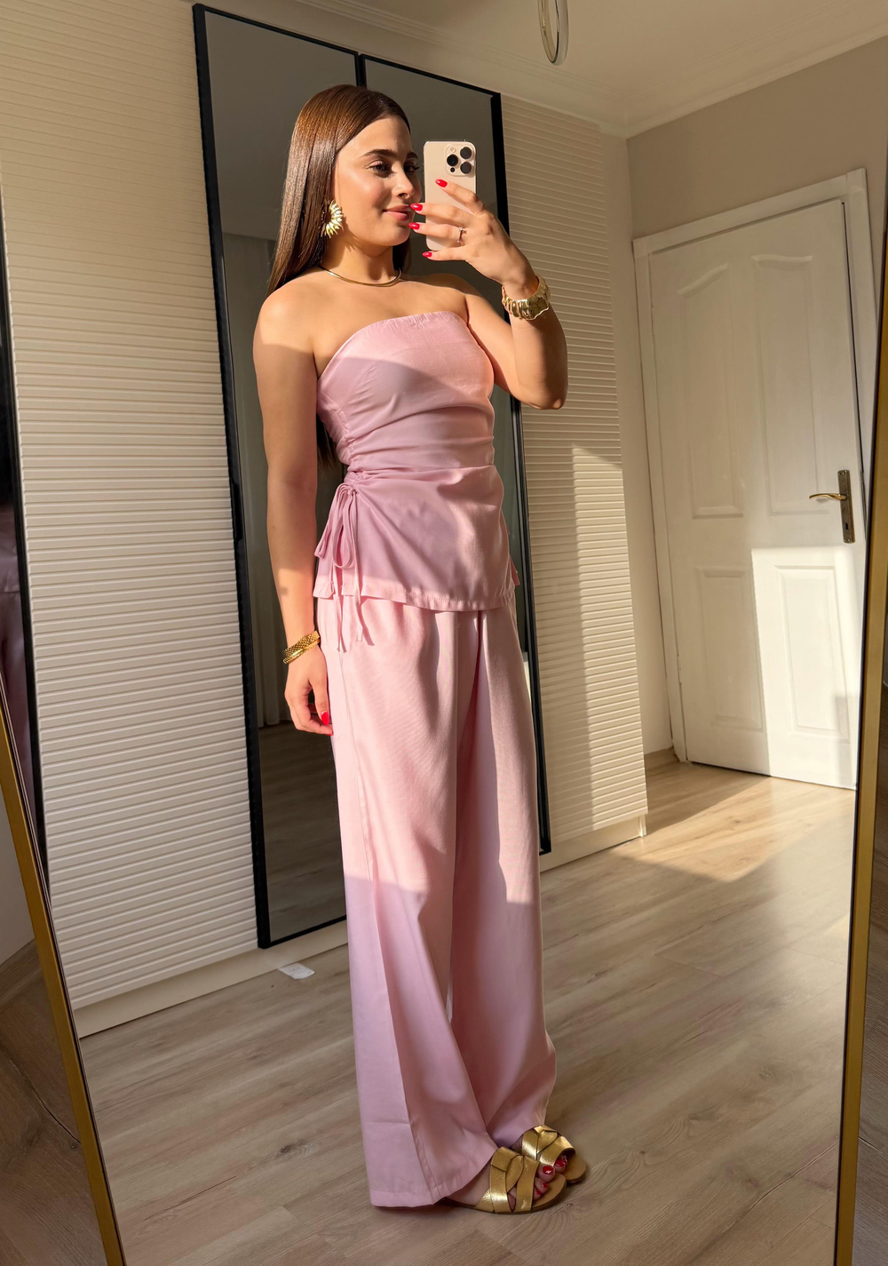 Büzgülü Straplez Takım-Pembe