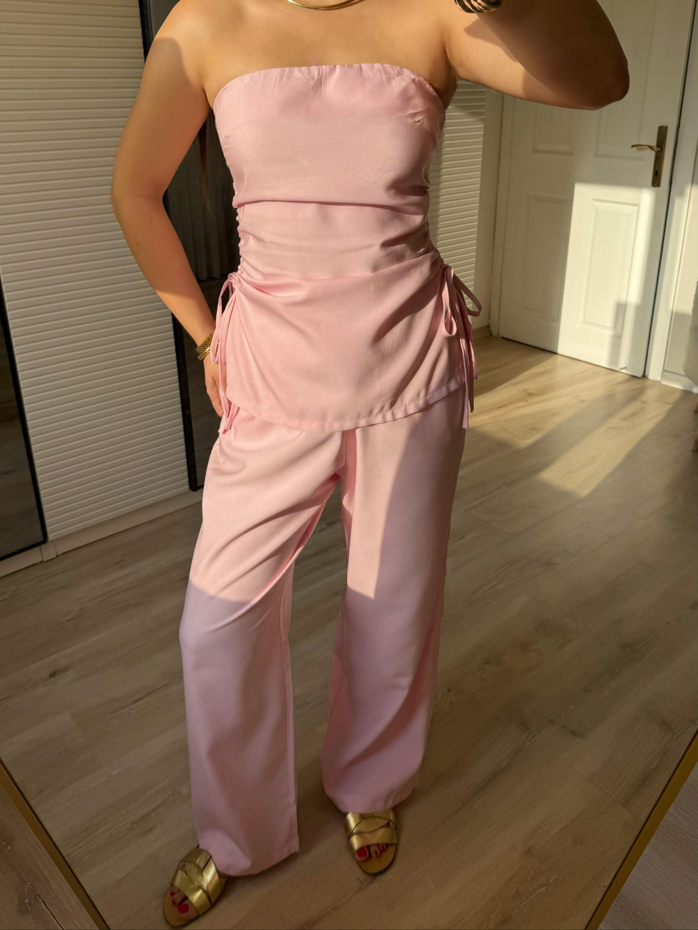 Büzgülü Straplez Takım-Pembe