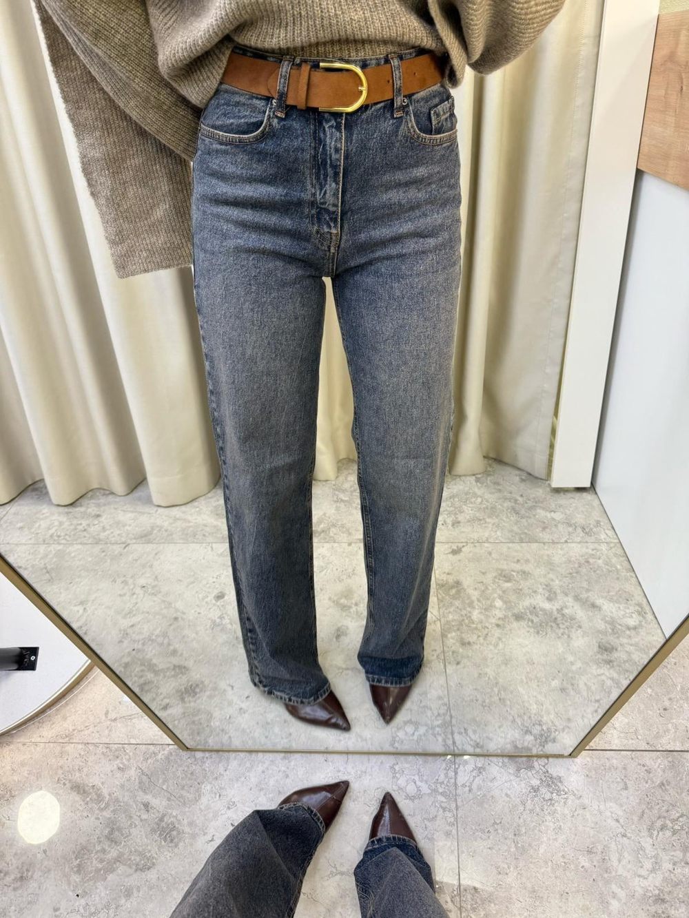 Camel Süet Kemerli Likralı Boru Paça Jean