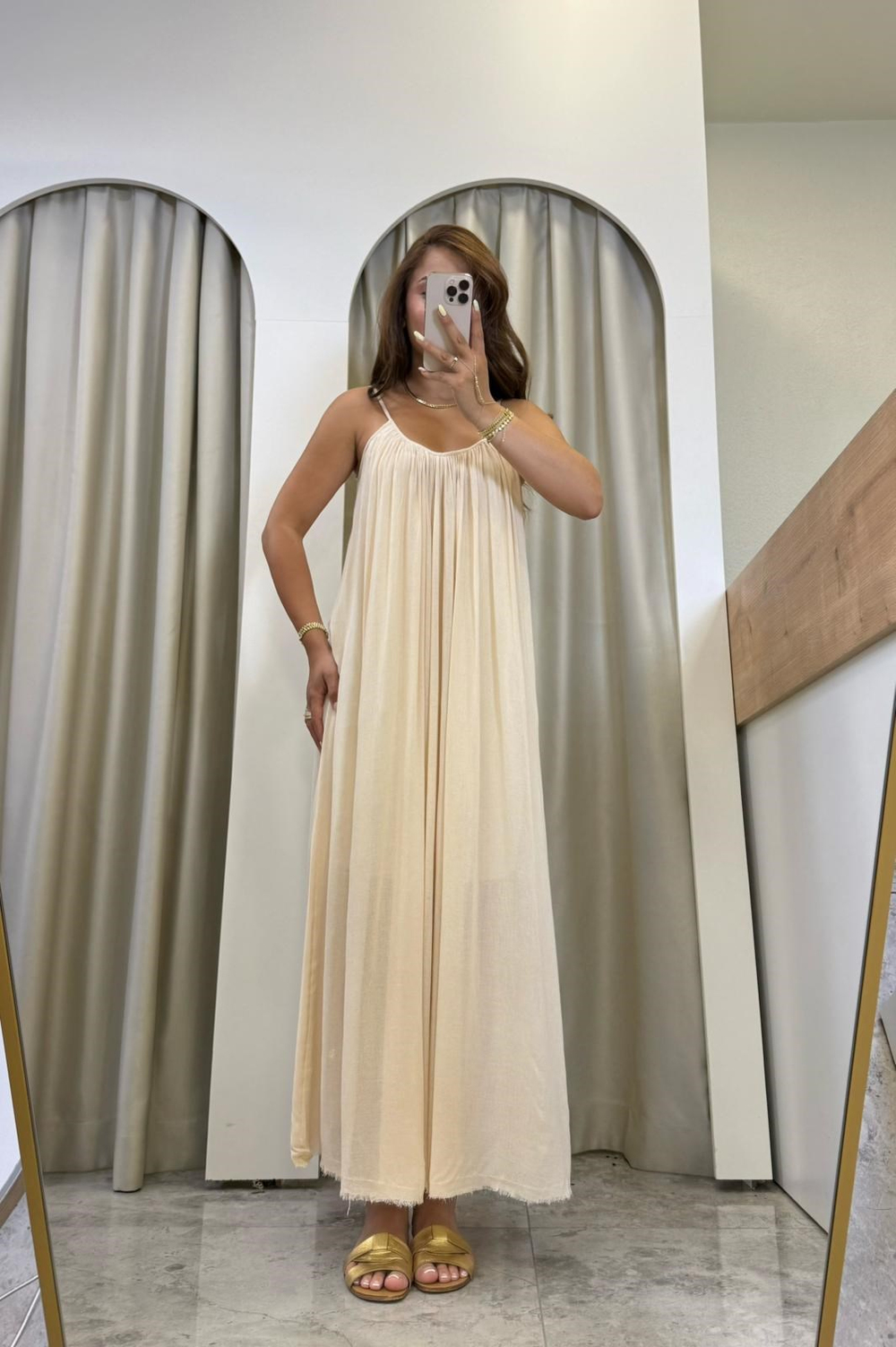 Dole Somon İp Askılı Astarlı Maxi Boy Elbise