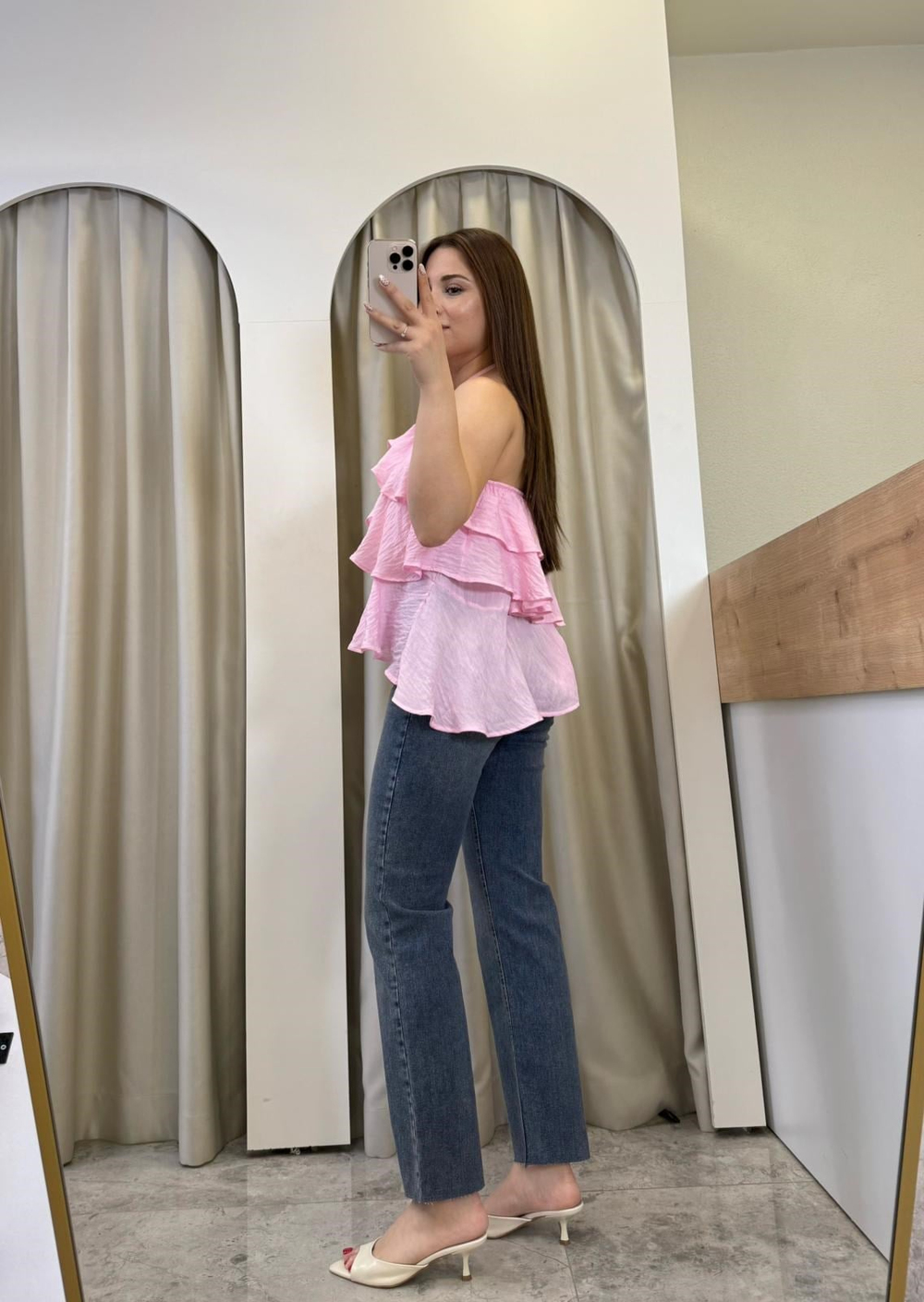 Eifel Pembe Fırfırlı Boyundan Bağlamalı Bluz