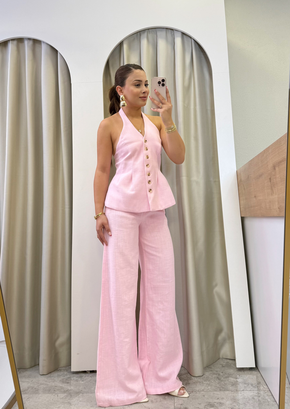 Fava Pembe Keten Yelekli Takım