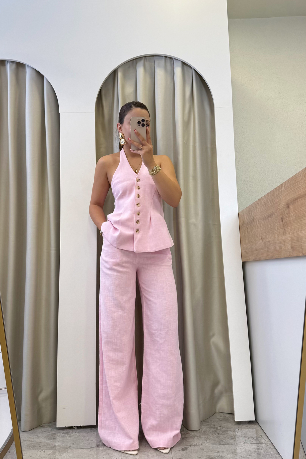 Fava Pembe Keten Yelekli Takım