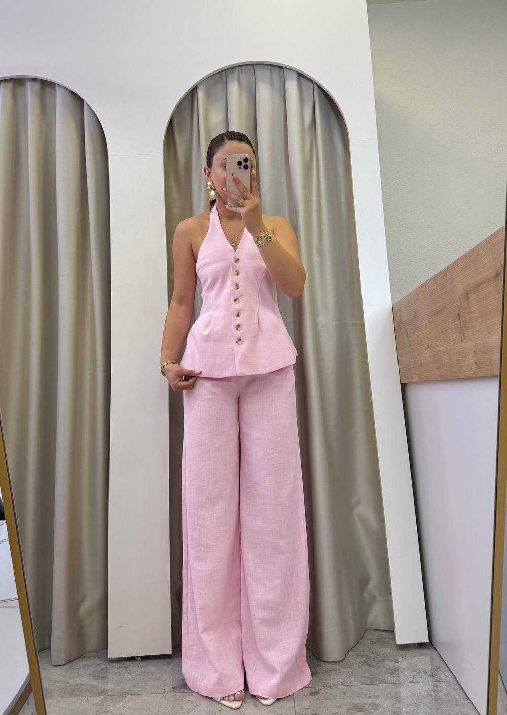 Fava Pembe Keten Yelekli Takım
