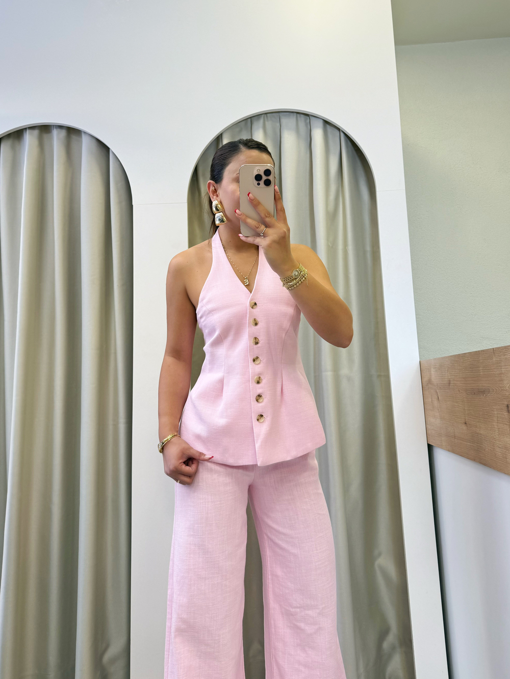 Fava Pembe Keten Yelekli Takım