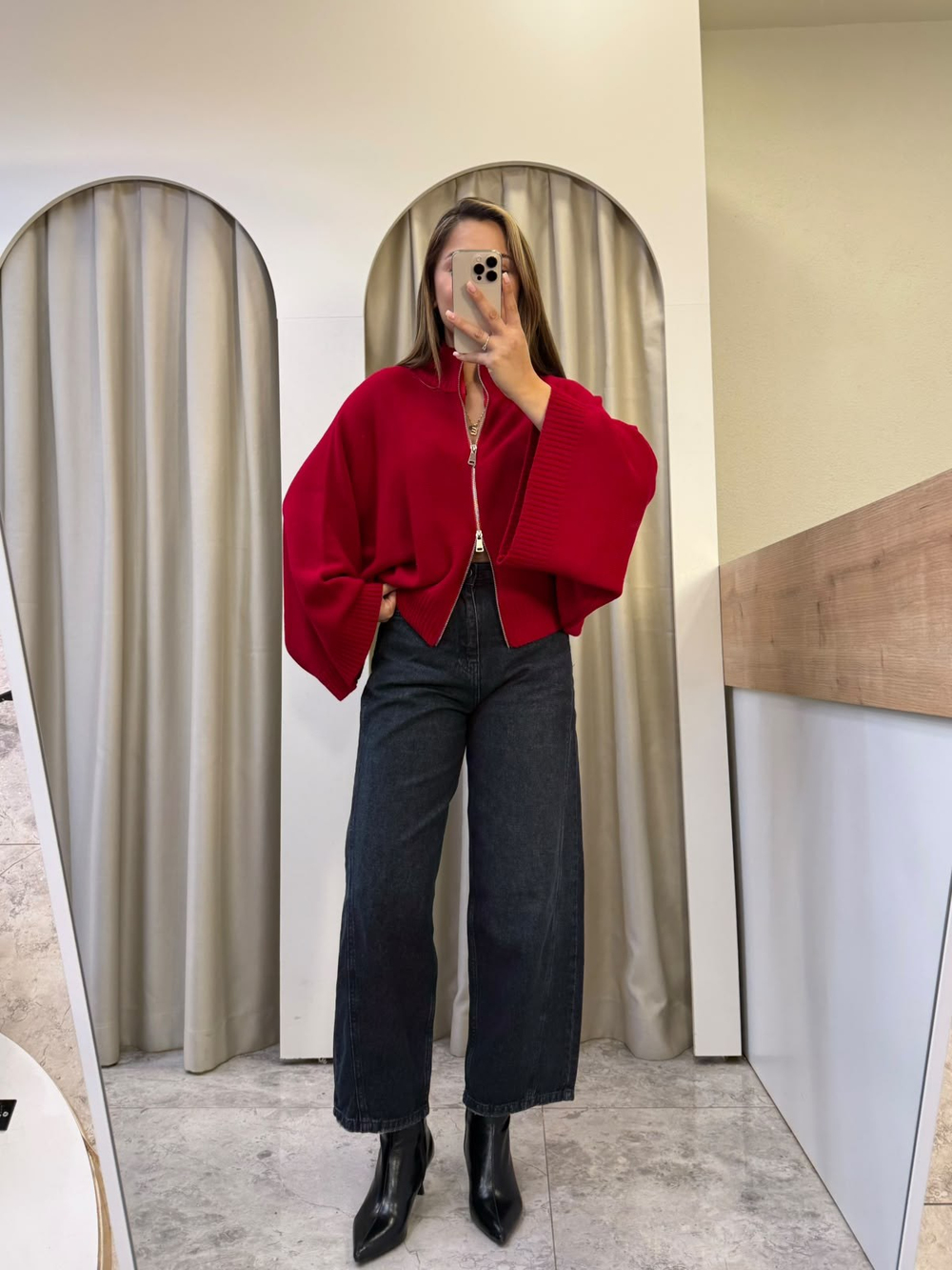Folk Zr Marka Model Kırmızı Yarasa Kol Triko Hırka