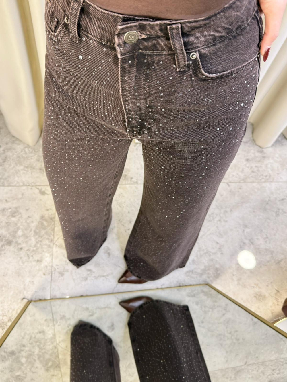 Glow Kahve Taşlı Wide Leg Jean