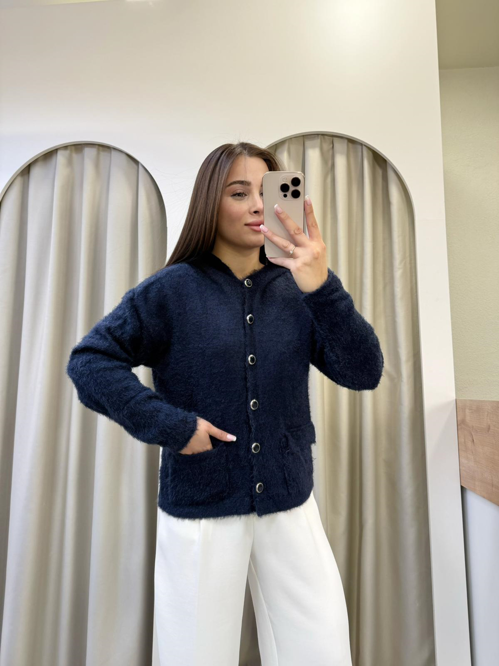 Godes Lacivert Kapüşonlu Peluş Hırka