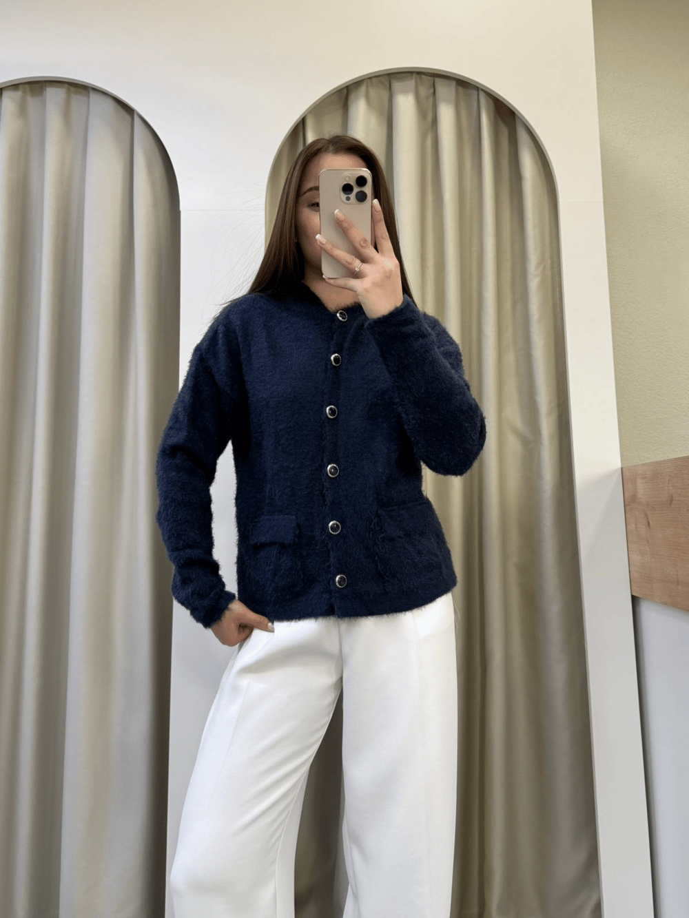 Godes Lacivert Kapüşonlu Peluş Hırka
