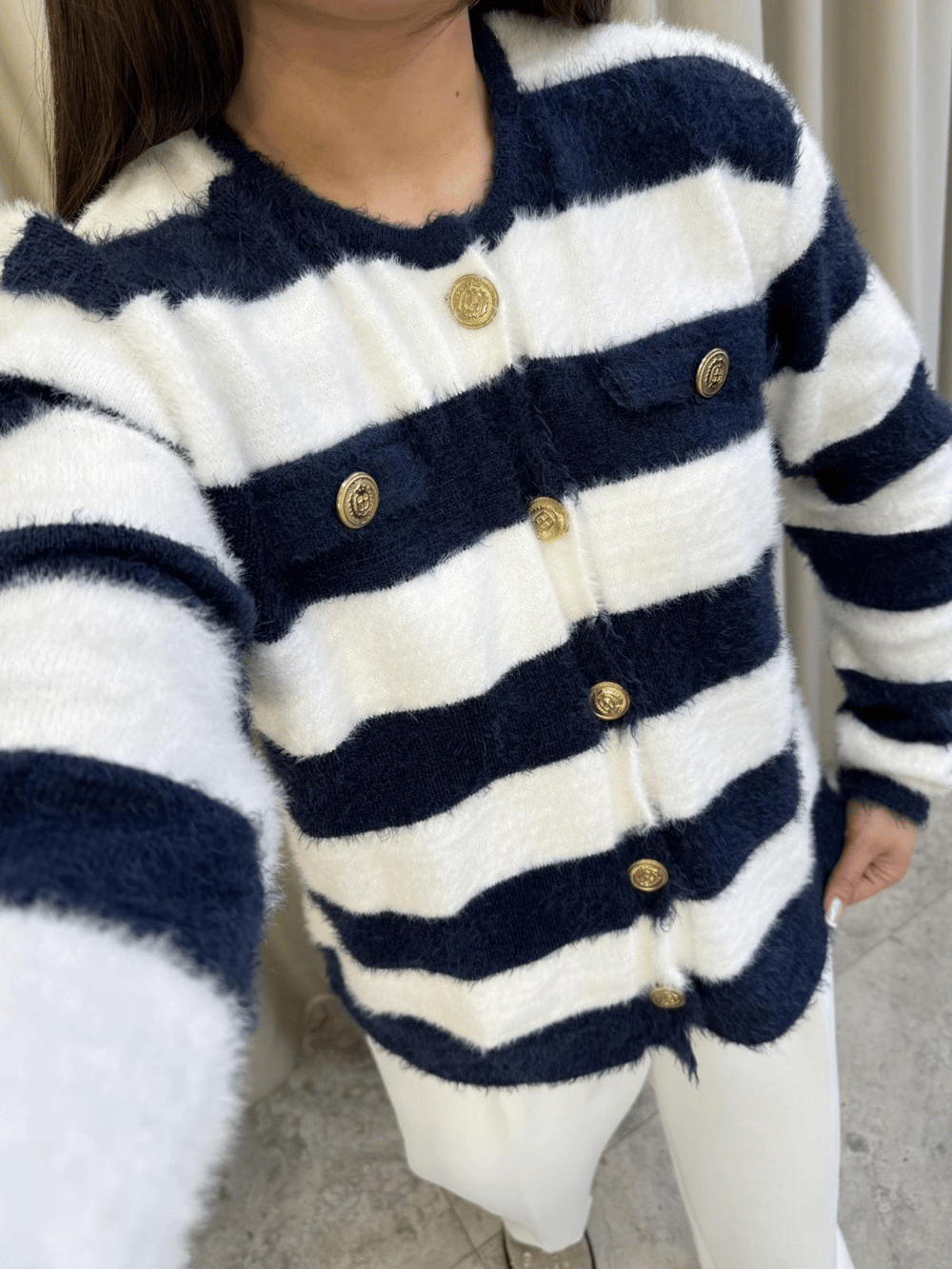 Golden Lacivert Çizgili Peluş Hırka