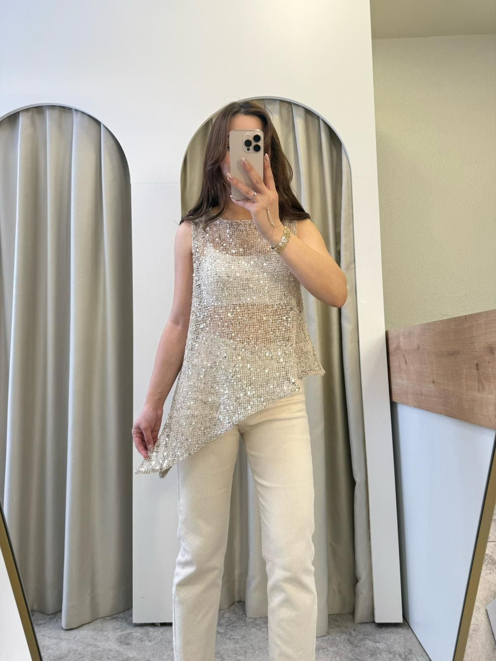 Hailey Ekru Pul Detaylı File Bluz