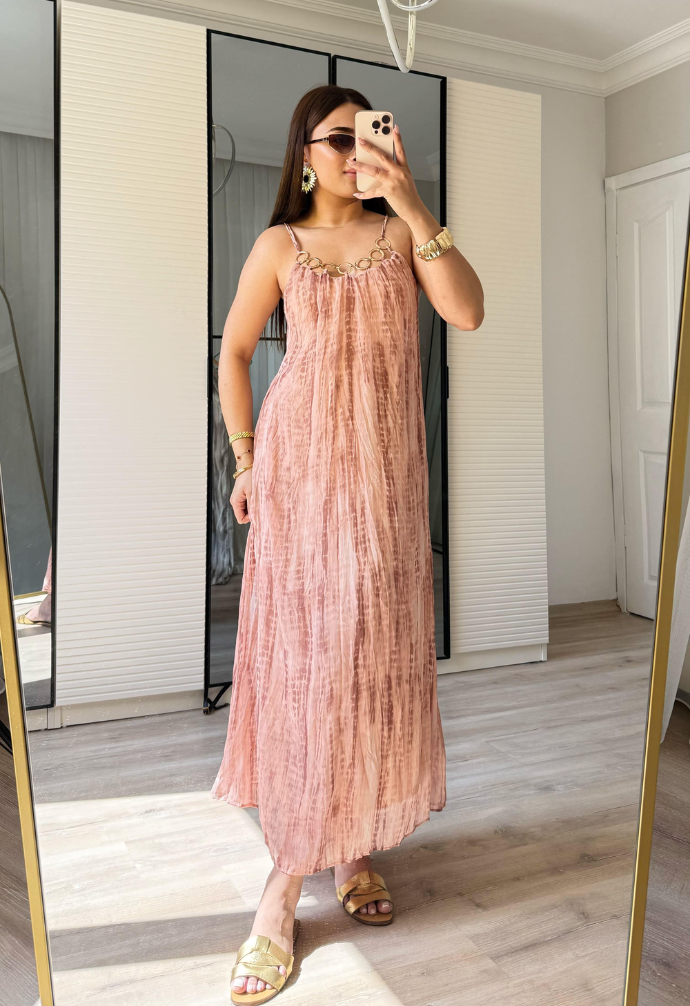 Halka Kolye Detaylı Marka Model Elbise-Pembe