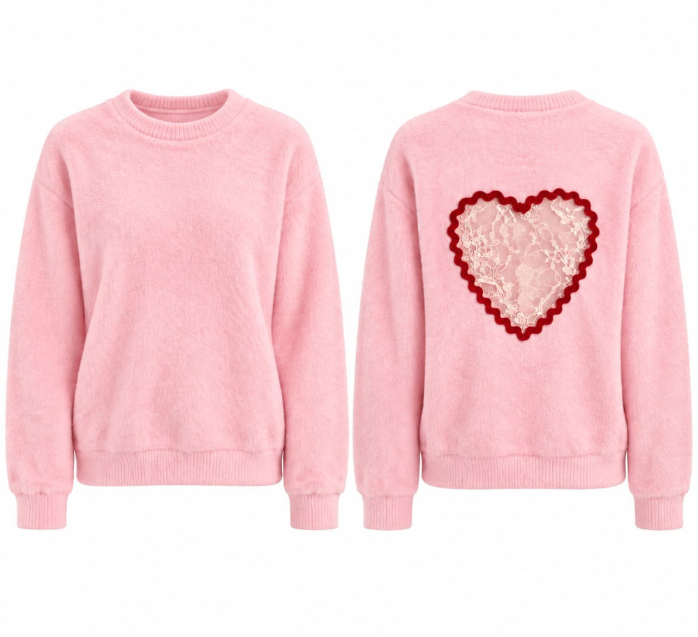 Heart Pembe Arkası Dantel Kalp Detaylı Peluş Kazak