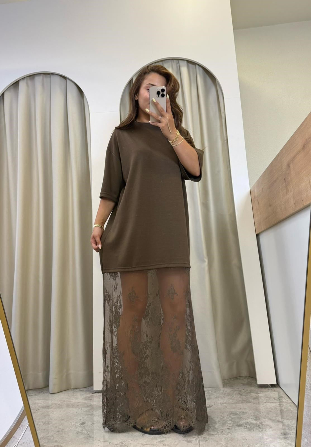 Jesica Kahve Dantel Detaylı Modal Tişört Elbise