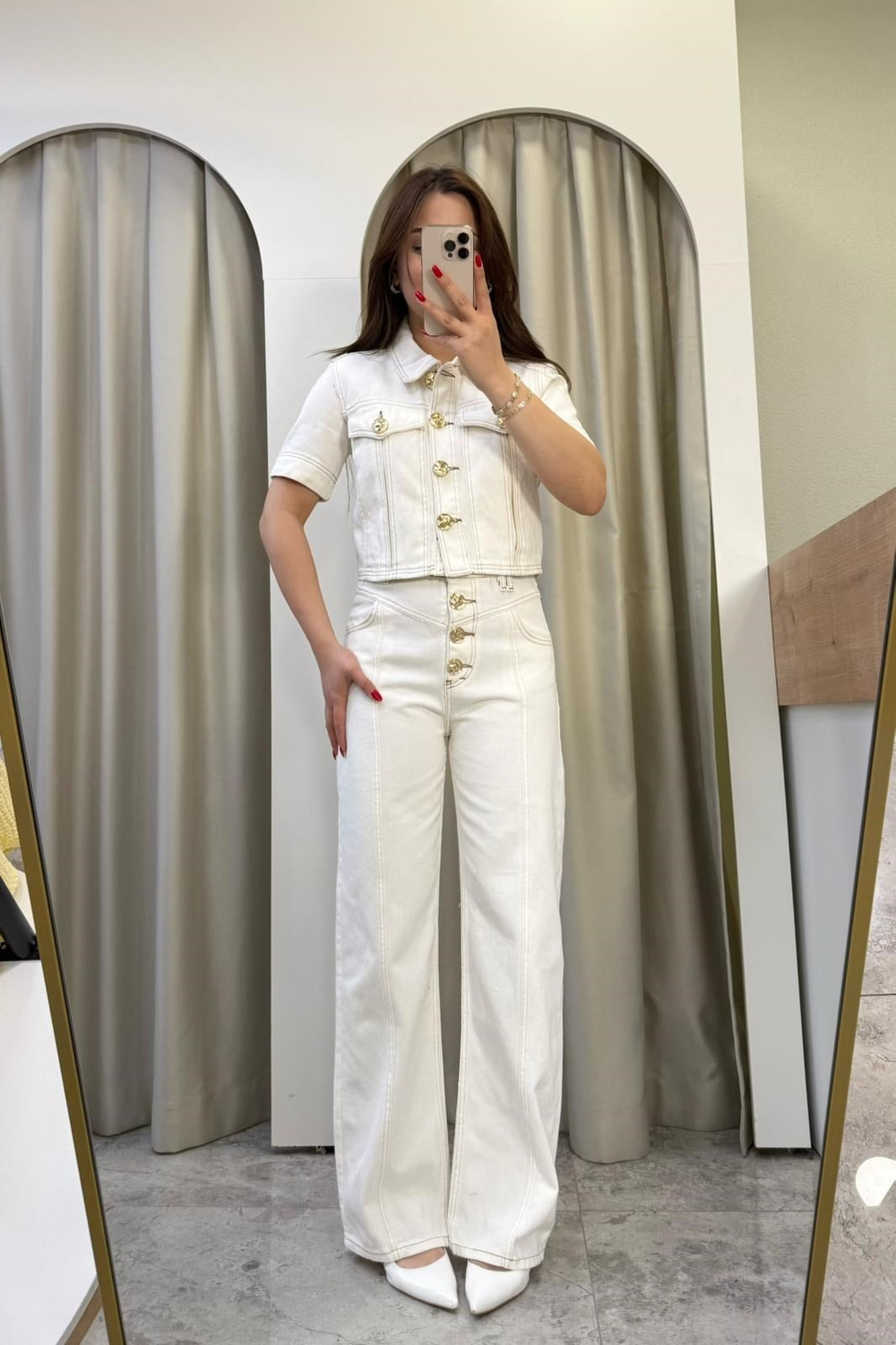 Keyy Bej Gold Düğmeli Denim Takım