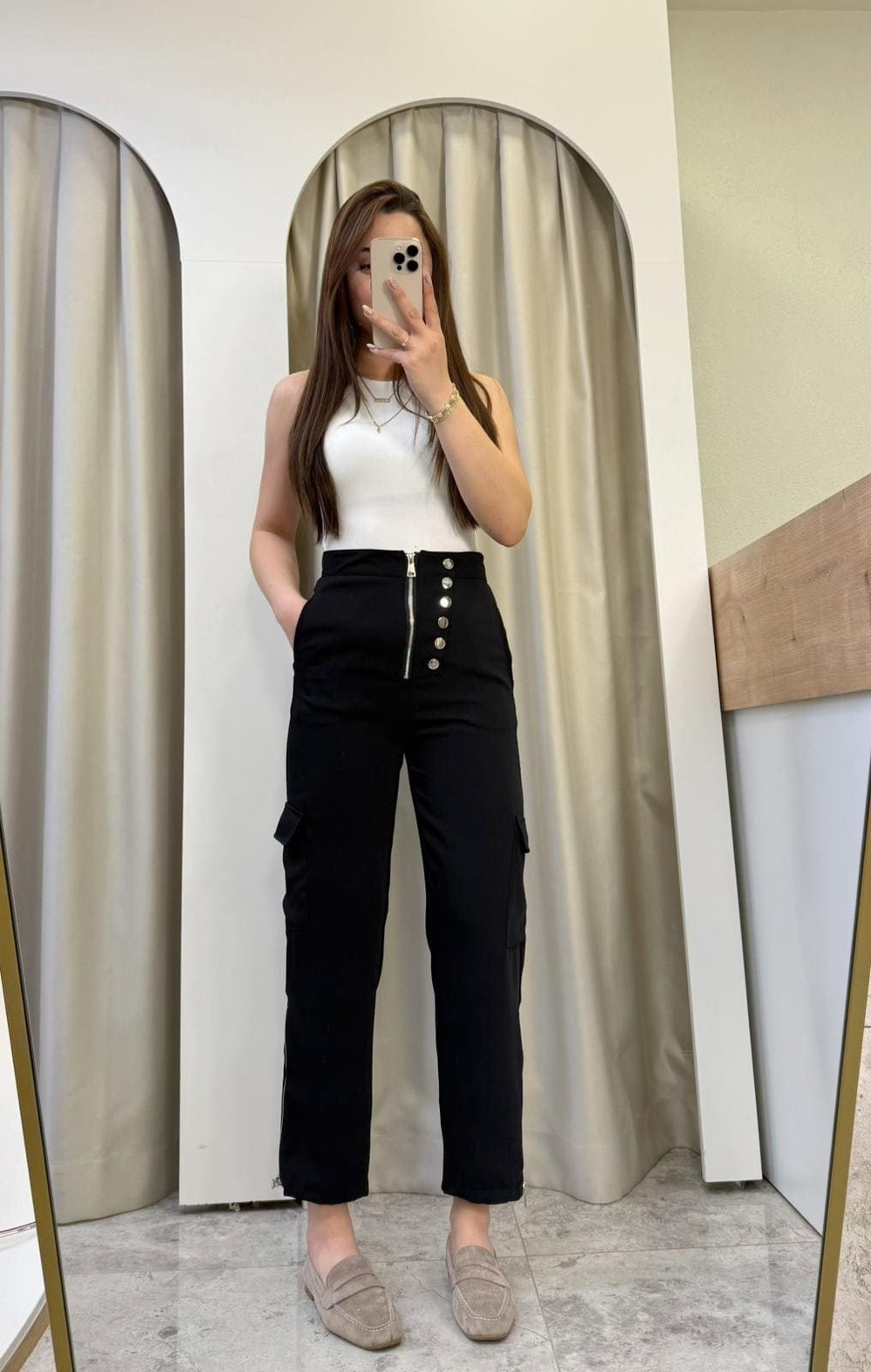 Lace Siyah Fermuar Detay Kargo Pantolon