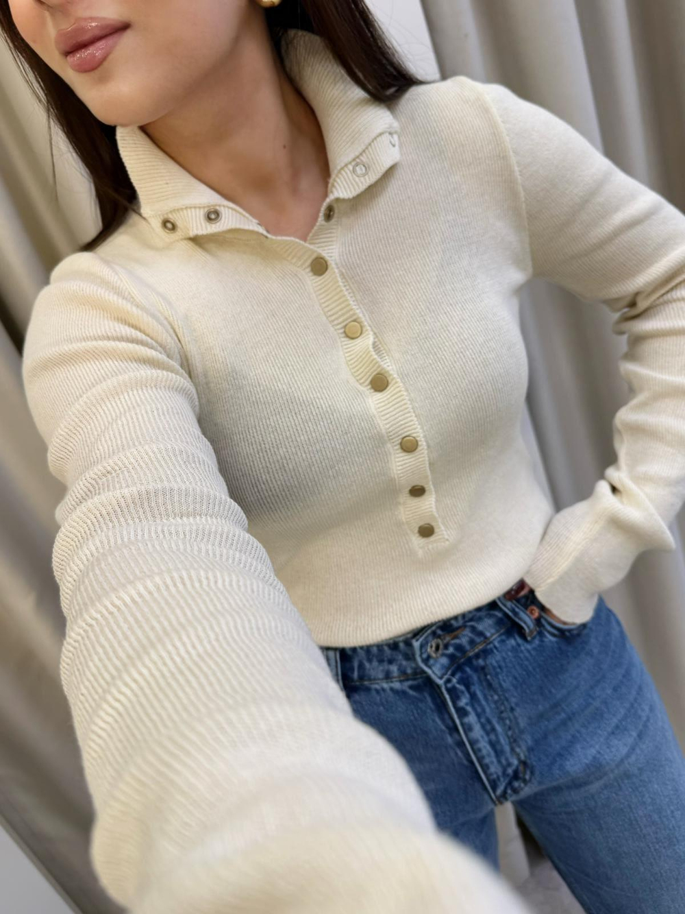 Liya Çıtçıtlı Triko Bluz Krem