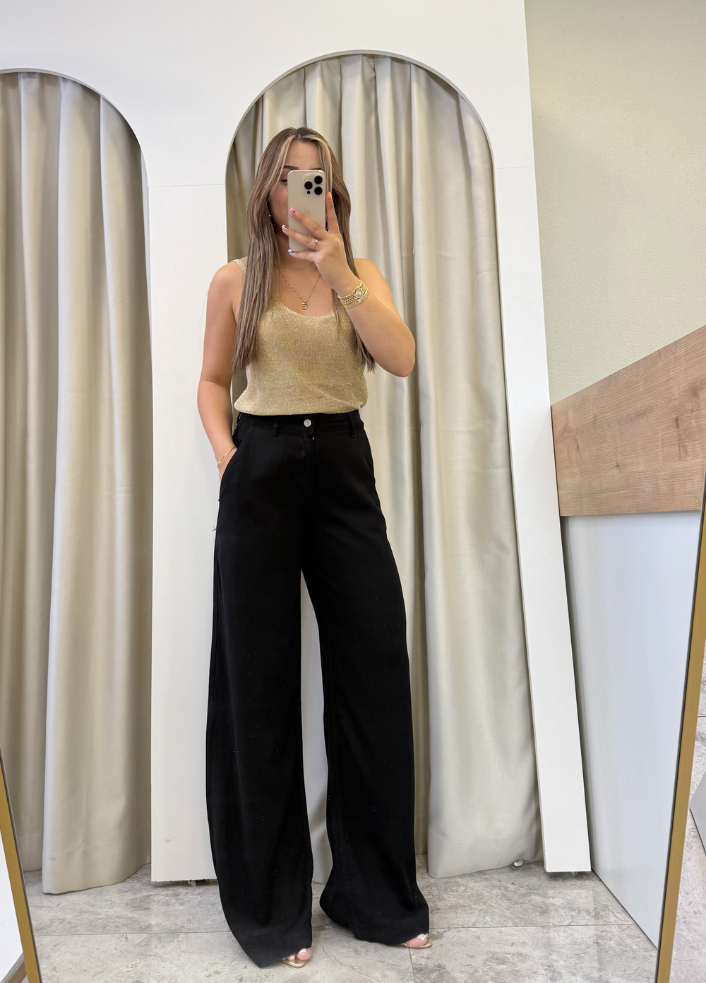 Lucca Siyah Wide Leg Tensel Denim Pantolon