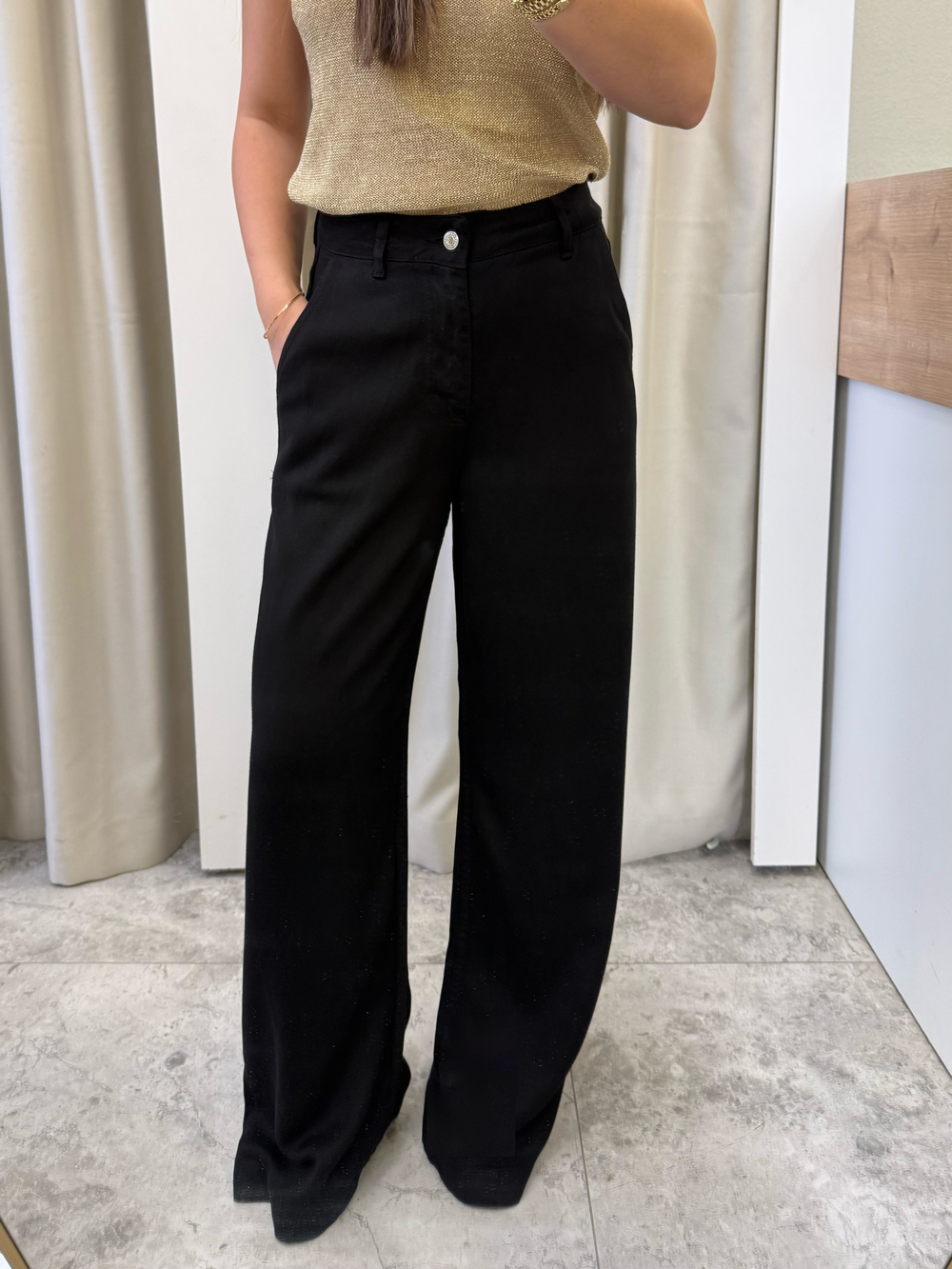 Lucca Siyah Wide Leg Tensel Denim Pantolon