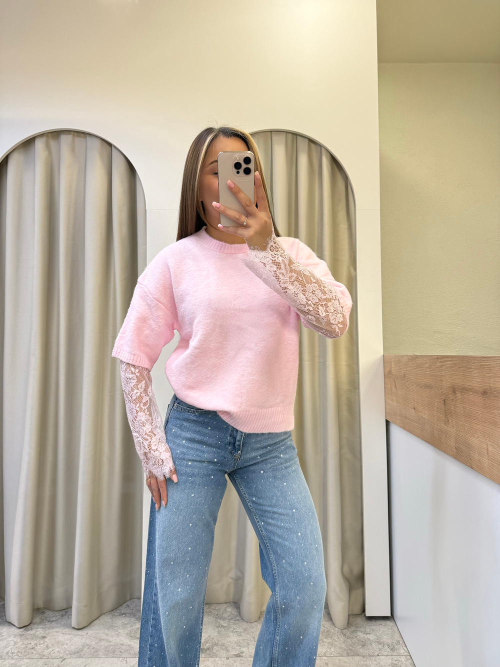 Luna Pembe Dantel Kol Detay Triko