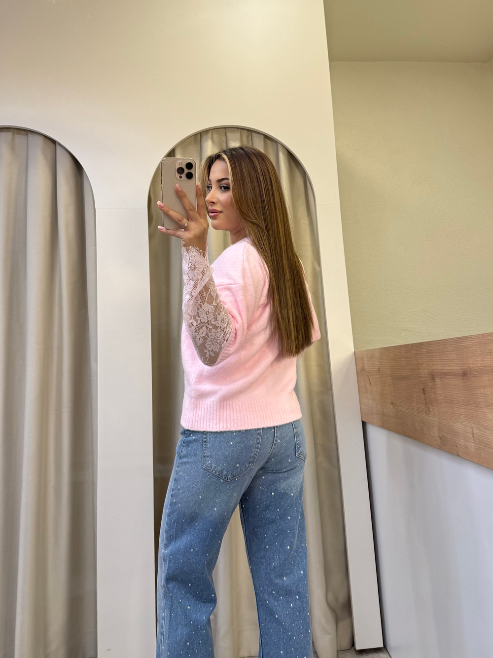 Luna Pembe Dantel Kol Detay Triko