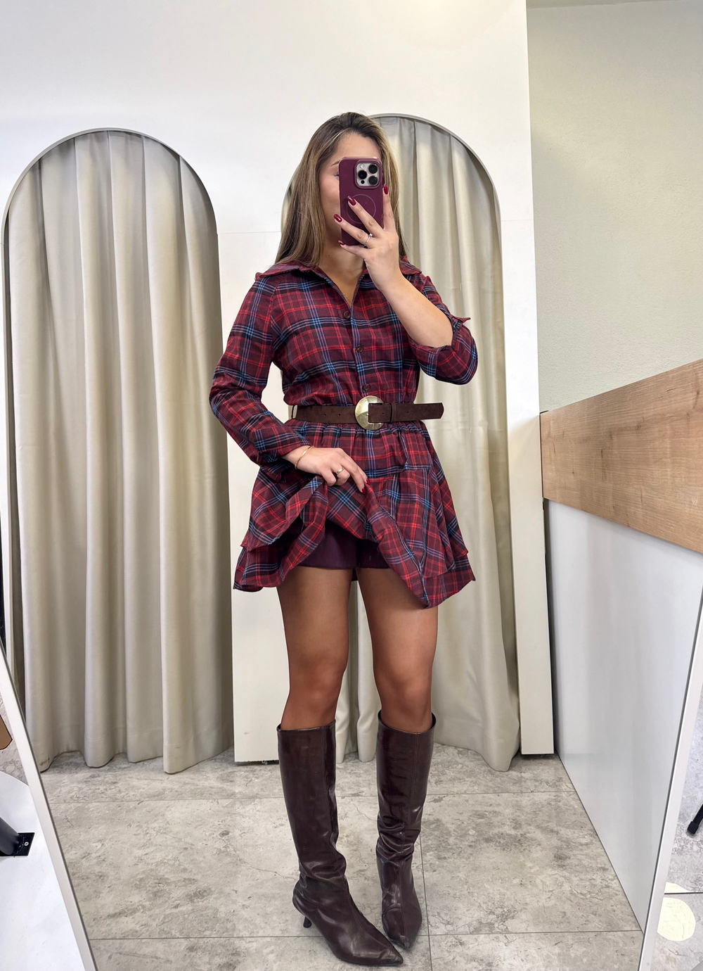 Macar Bordo Ekose Kemerli Elbise