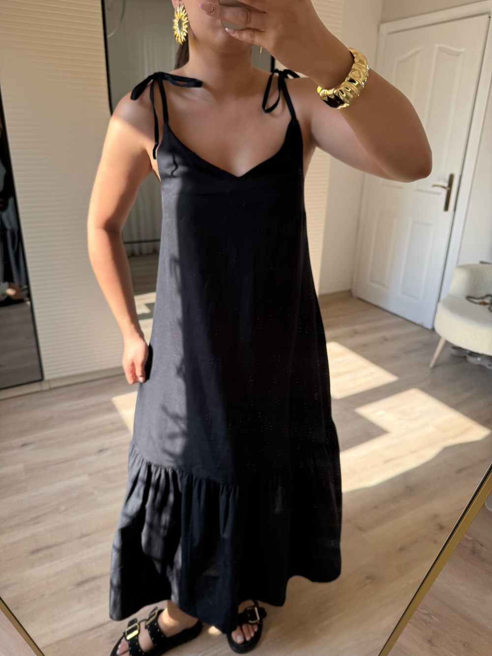 Maxi boy poplin elbise- Siyah