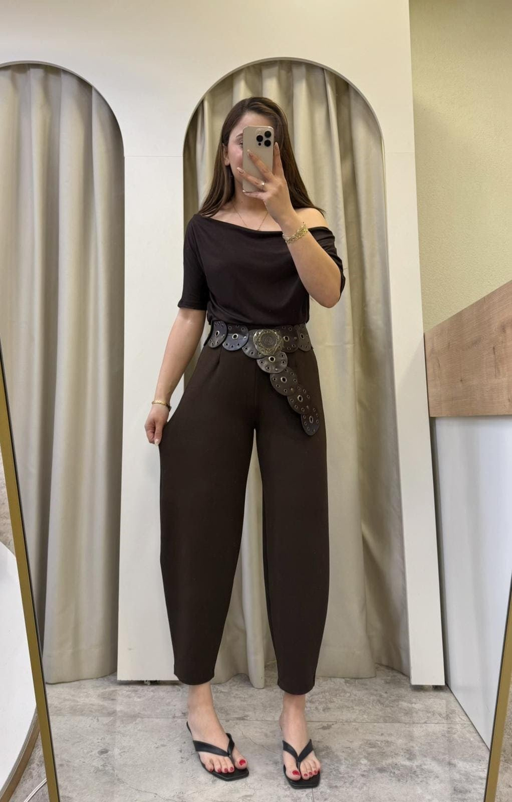 Mirel Crep Kumaş Likralı Balon Pantolon Kahve