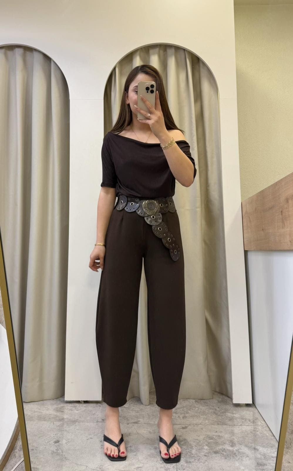 Mirel Crep Kumaş Likralı Balon Pantolon Kahve