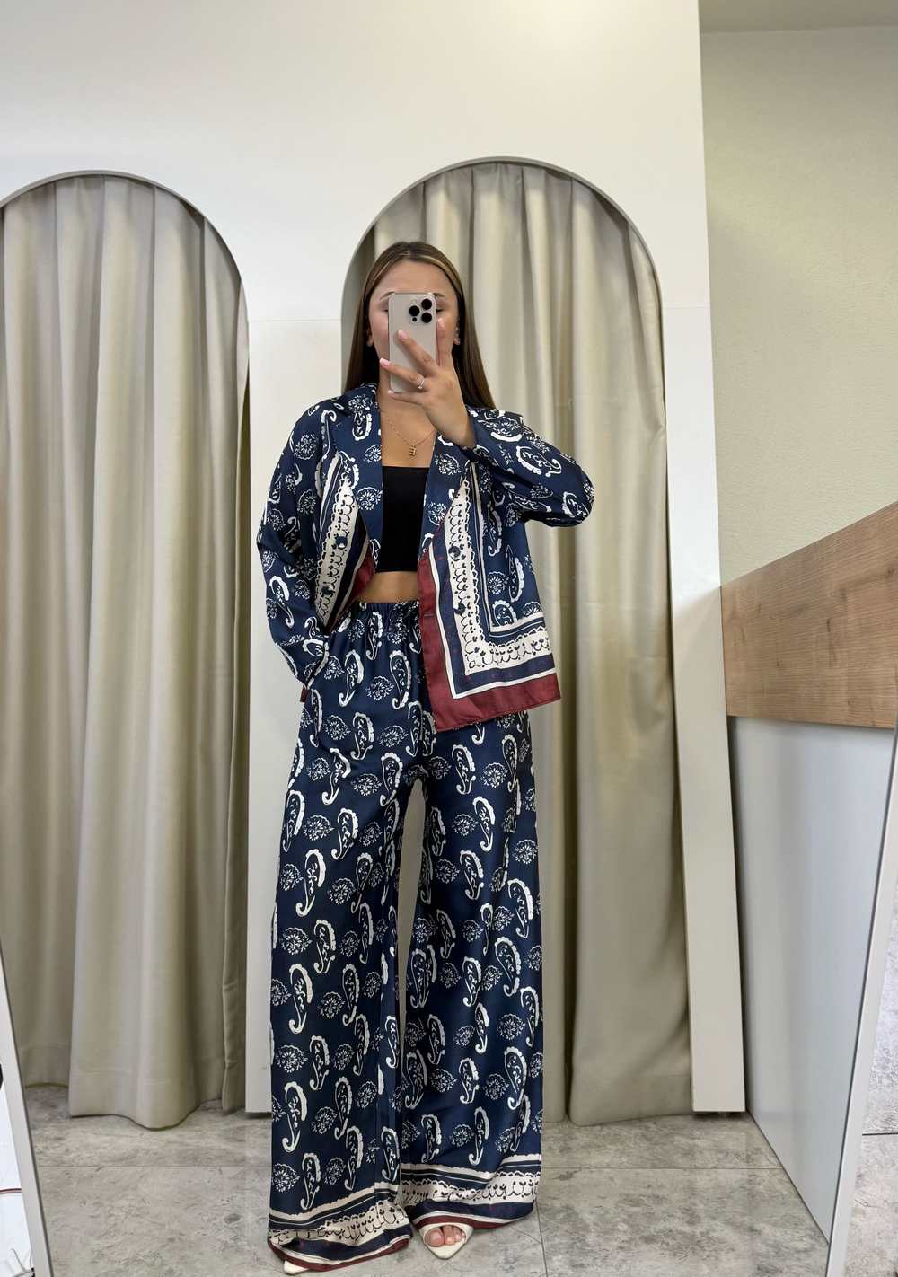 Navy Şal Desen Kruvaze Ceket-Pantolon Lacivert Takım