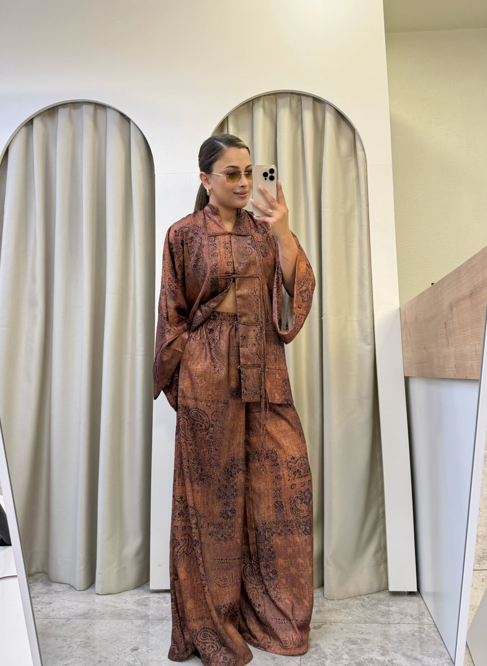 Noemi Etnik Desenli Kimono Bluz-Palazzo Pantolon Saten Takım