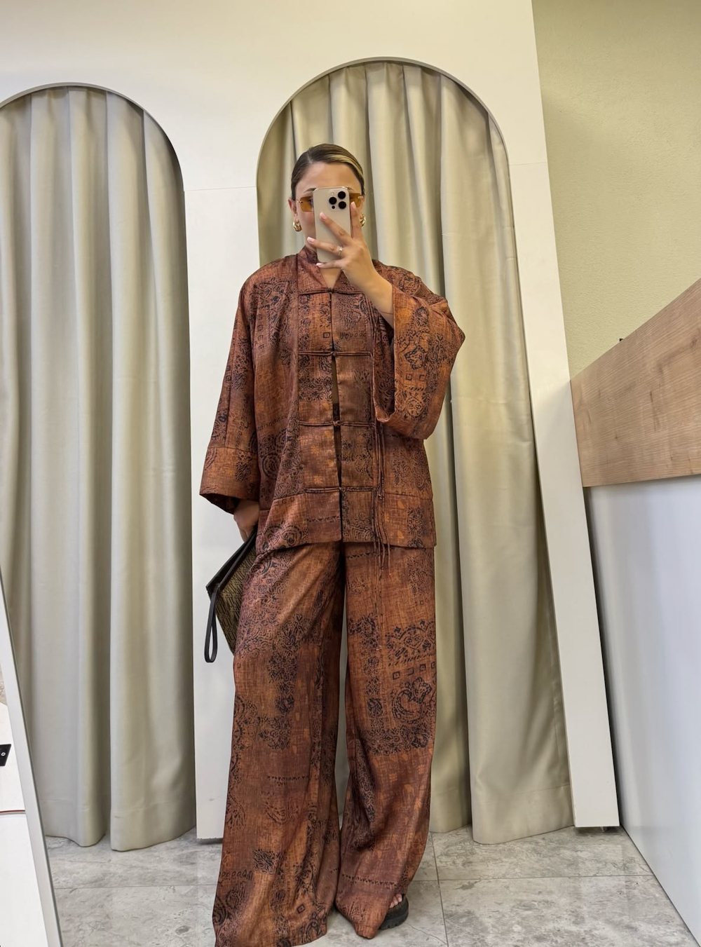 Noemi Etnik Desenli Kimono Bluz-Palazzo Pantolon Saten Takım