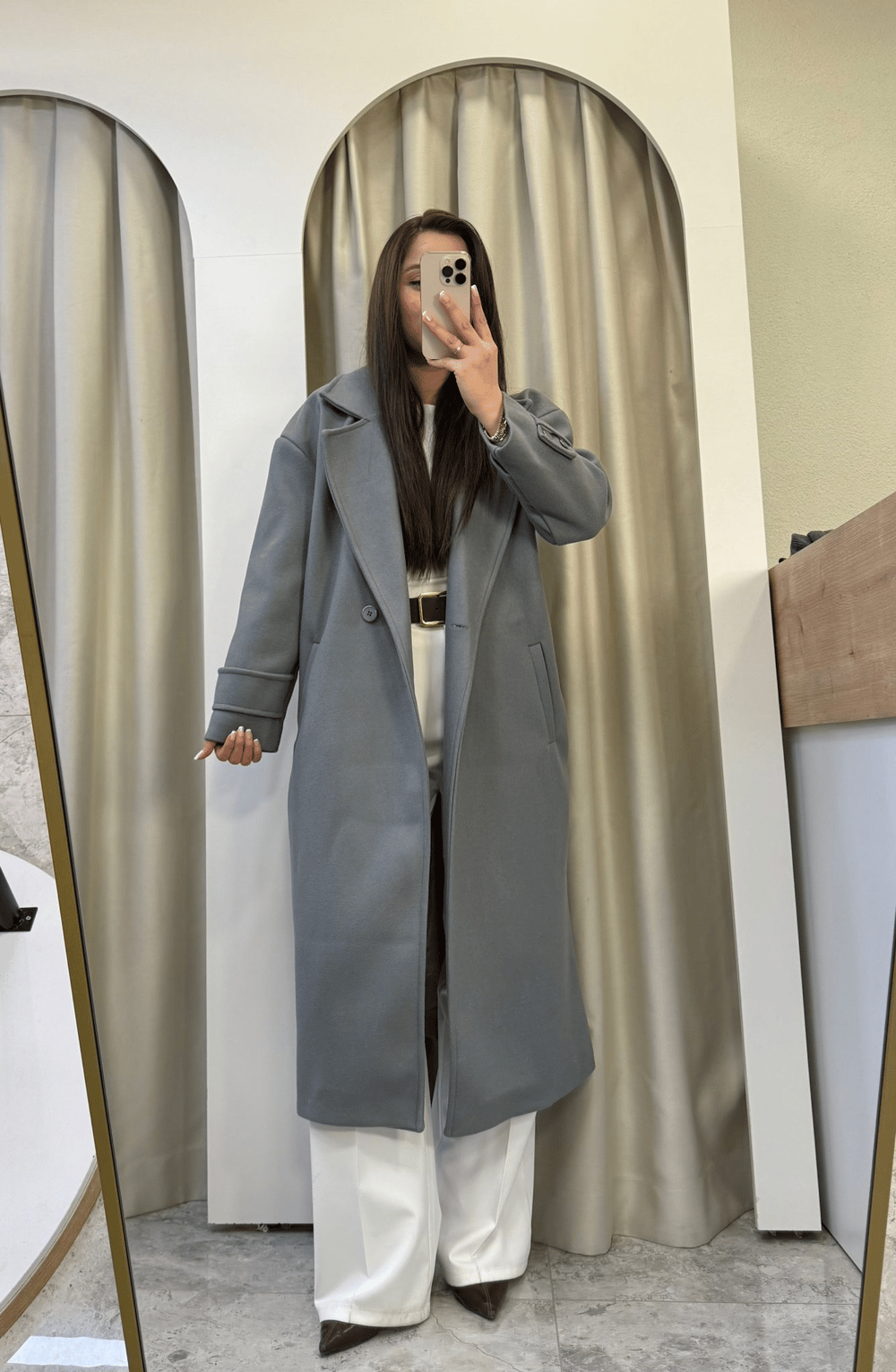 Oversize Astarlı Gri Kaşe Kaban