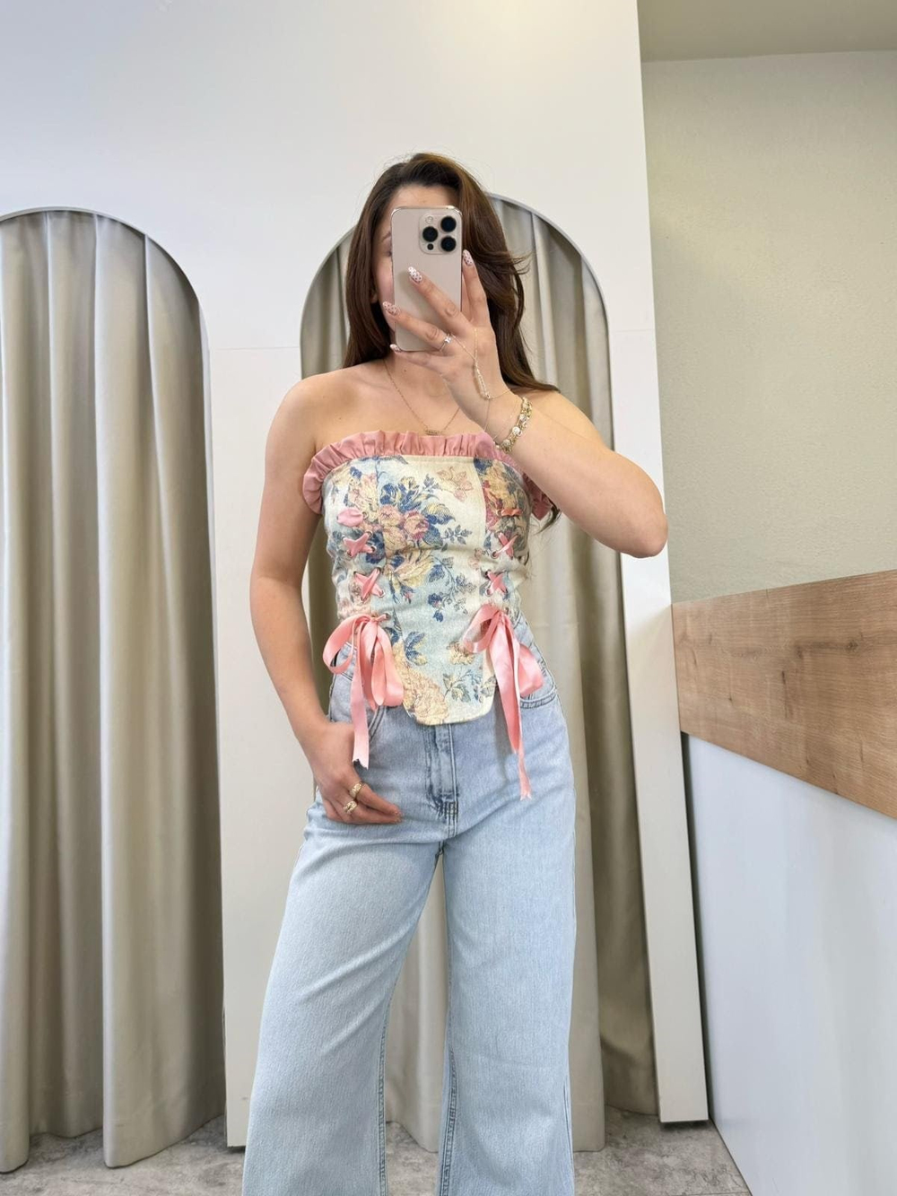 Pamela Pembe Çiçek Desen Kurdelalı Korse