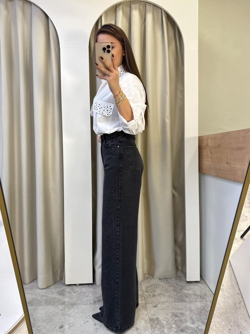 Parla Siyah Taşlı Wide Leg Jean