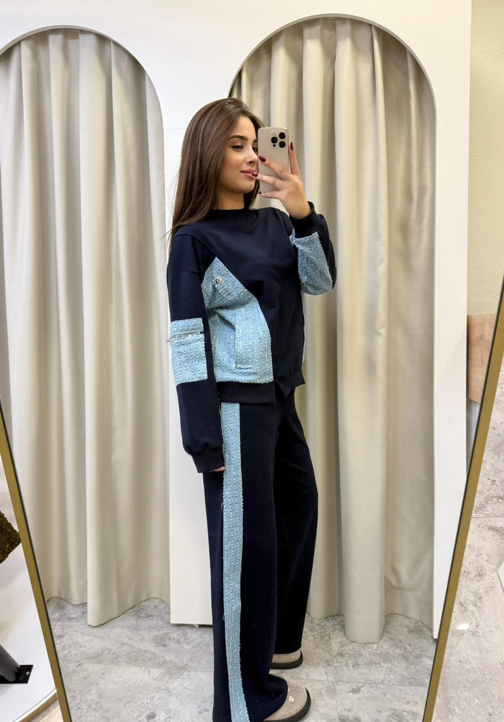 Parlak Denim Detaylı Eşofman Takımı