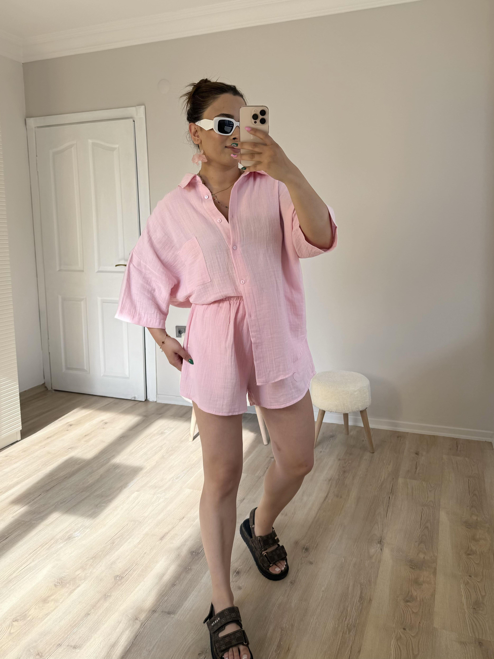 Pembe Müslin Şortlu Takım