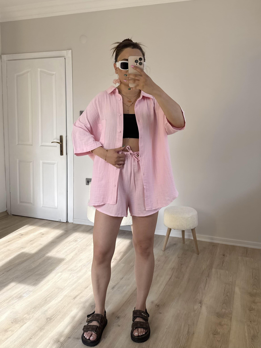 Pembe Müslin Şortlu Takım
