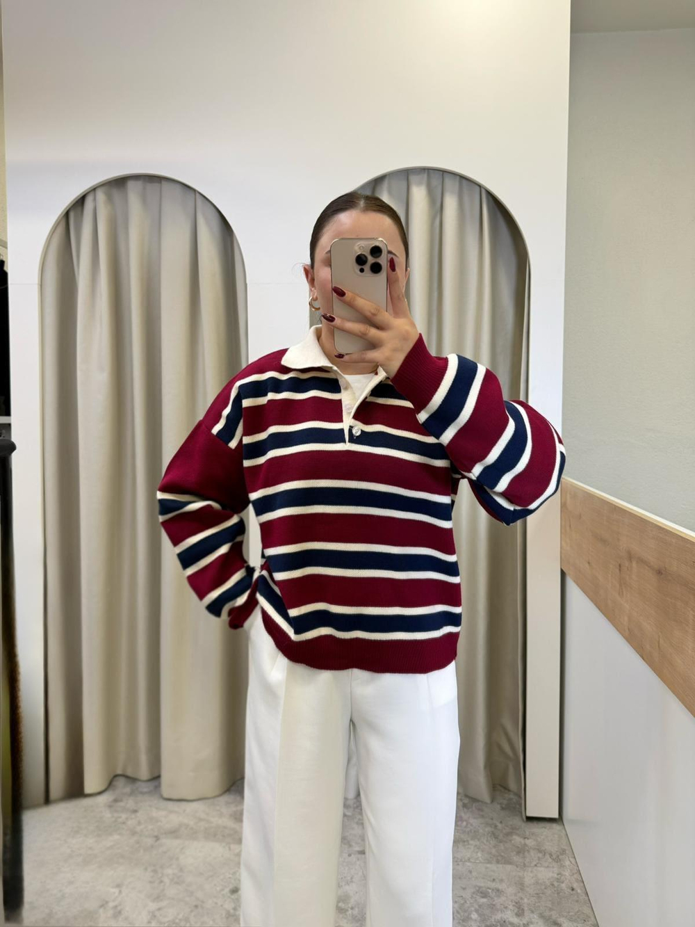 Polo Yaka Çizgili Triko-Bordo