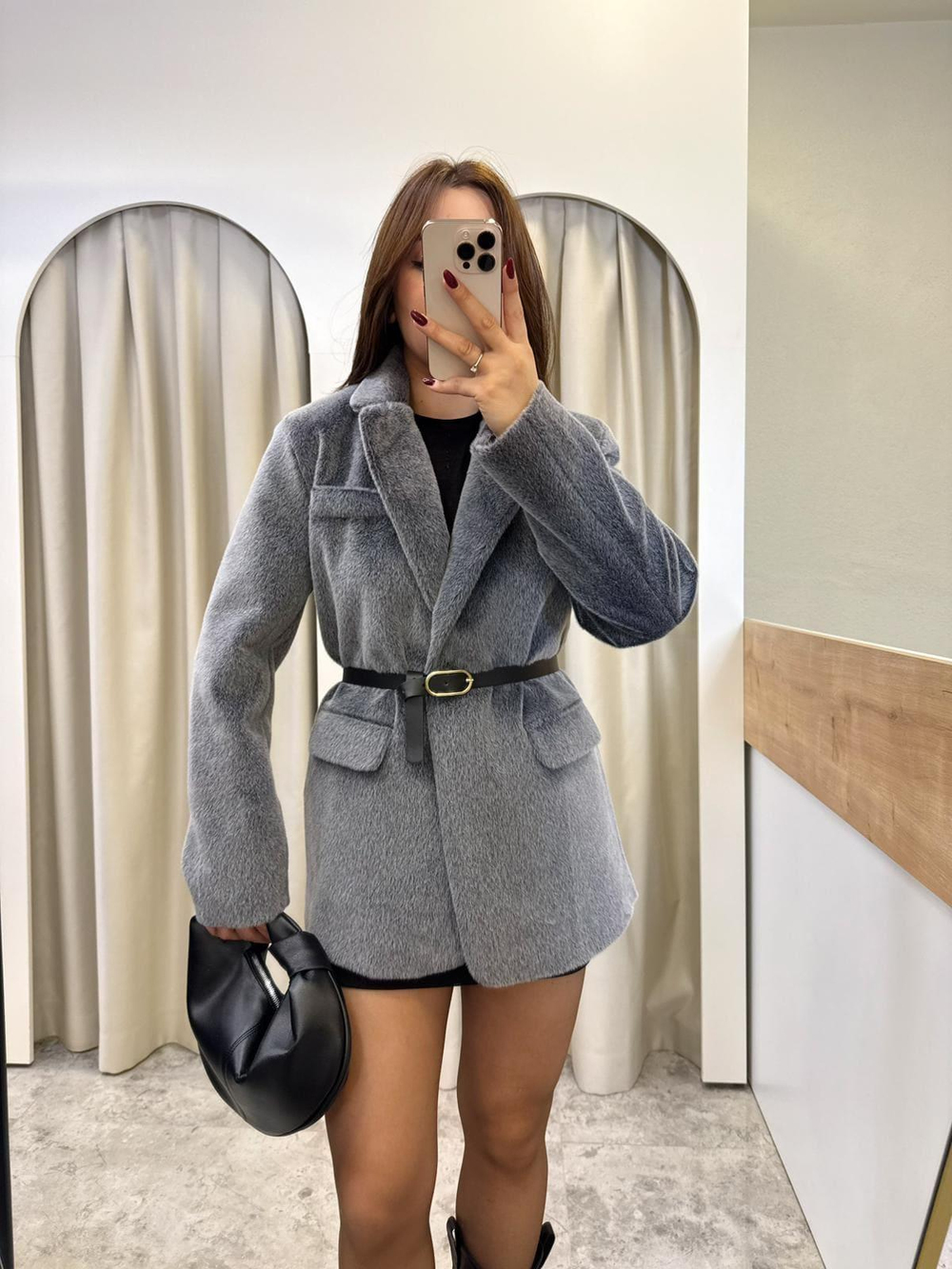 Premium Kemerli Peluş Blazer-GRİ